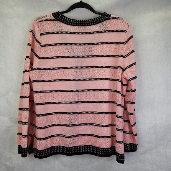 Misook Cardigan Women's L Ribbed Mesh Long Sleeve Button Front Pink Black Stripe - Picture 9 of 12